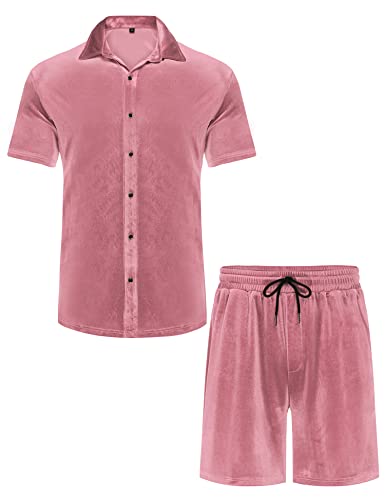 LecGee Men Summer Casual Short Sets Velvet Short Sleeve Button Down Shirt Elastic Waist Shorts 2 Piece Outfits Tracksuit4