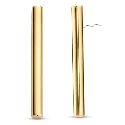 FAMARINE Gold Bar Earrings for Women Minimalist 14K Gold Plated Long Vertical Bars Drop Earring Tube Jewelry