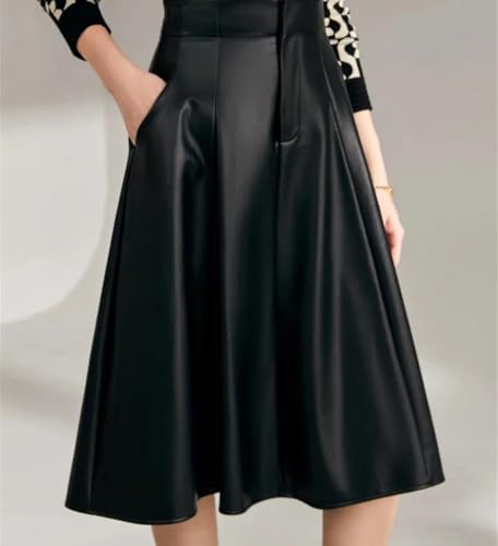 Women High Waist Faux Leather Knee Length A Line Skirt Winter Elegant Office Midi Skirt Streetwear4