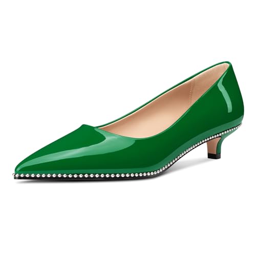 Image of Aachcol Womens Low Heel Pointed Toe Pumps Silver Beaded Kitten Heels Slip-on Comfortable Office Dress Shoes 1.4 Inches Heels