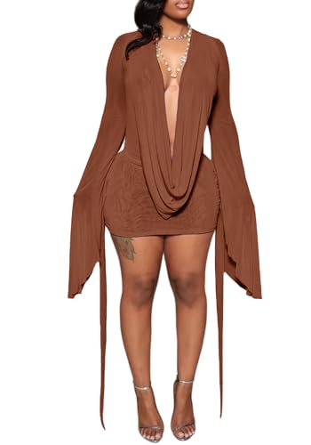 SHINFY Women Sexy Backless Mini Dress Draped Mesh Cowl Neck Long Sleeve Swing Going Out Cocktail Dresses Brown