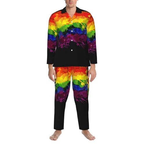 Lgbt Flag With Colorful Splashes Mens Pajamas Set Button Down Sleepwear Set Long Sleeve Loungewear With Pockets