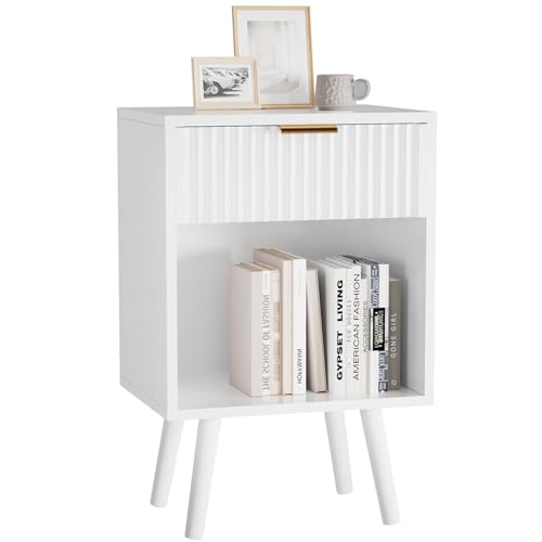 YMYNY Nachttisch, Beistelltisch, Nachtschrank mit Stauraum, Schubladen geriffelte Fronten, Goldener Griff, Massivholz Beinen, Modern, für...