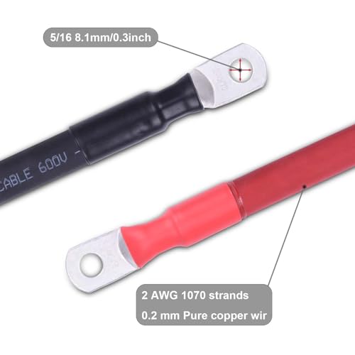Image of 2 AWG Flexible Battery Cable with 5 /16 inch Terminals - OFC Pure Copper Inverter & Welding Wire for Automotive Solar RV Motorcycle (Red + Black 1FT Pair)
