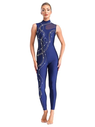 Linjinx - Linjinx Femme Justaucorps Danse Académique Léotard Ballet Danse Gymnastique Classique sans Manches Combinaison Patinage Artistique Paillettes Costume Performance S-XXL Bleu marine S