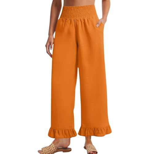 Image of Palazzo Pants for Women Linen Smocked Elastic Waist Ruffle Wide Leg Pants Summer Beach Flowy Boho Pant with Pockets