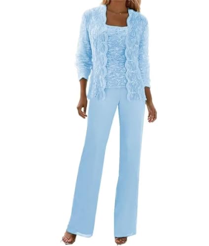 Image of 3 Pieces Chiffon Lace Mother of The Bride Pant Suits with Jackets Sequins Wedding Guest Dresses for Women
