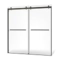 Frameless Double Sliding Shower Door Portofino Series with Brushed Nickel Finish Adjustable 56-60 in Width x 62 in Height | Tempered Glass with Protection Film | Stainless Steel Tower Bar