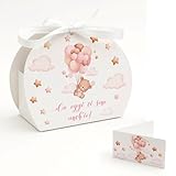 PV Grafik Lote de 24 bomboneras para nacimiento, osito, cajitas para peladillas de niña, caja de peladillas con tarjeta y lazo (40BL)