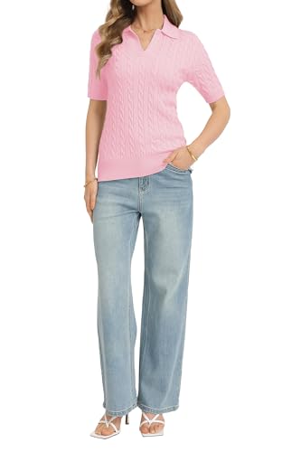 Image of QUALFORT Cable Knit Women's Short Sleeve Sweater Soft V Neck Polo Tops