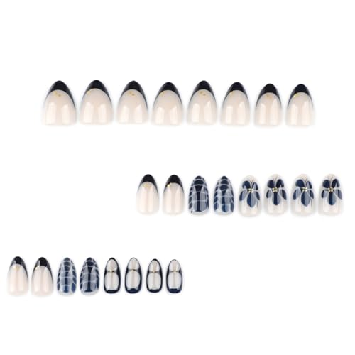 Image of Black Press on Nails Short Almond Fake Nails Flower False Nail with Design Alligator Print Glue on Nails Glossy Artificial Acrylic Nail Full Cover Nude Stick on Nail for Women Manicure 24Pcs