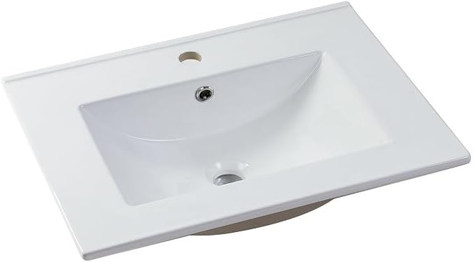 De dalt a baix view of the white ceramic integrated sink for the LAVENA 60 cm bathroom cabinet, showing faucet hole and drain.