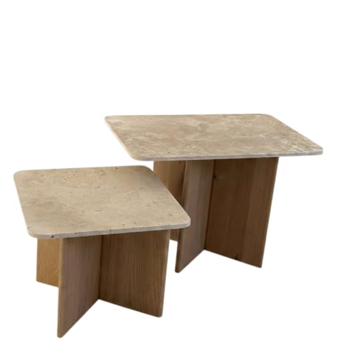 Table Basse Rectangle VÉRITABLE travertin et chêne Brut (Table 60x40cm + Extension)