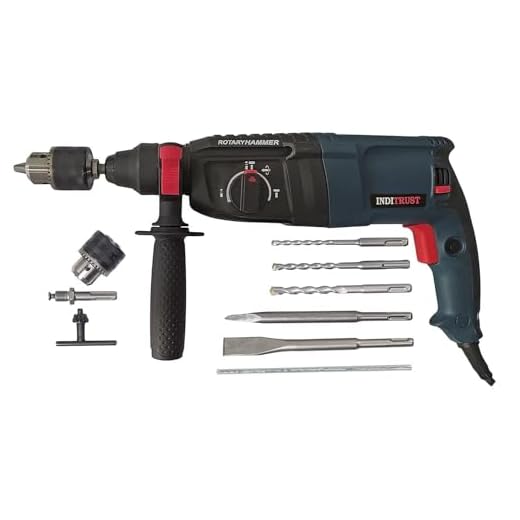 Inditrust 900W 26mm 2-26 RE Reversible Rotary Hammer Drill machine SDS Plus with 3 Modes 3 Hammers Bits 2 Chisels (Blue, green)