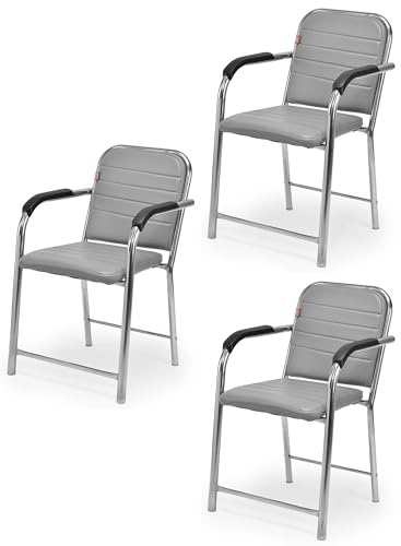 Image of Office Chair Visitor Chair with arm Rest with Steel Frame and Cushioned seat Back, Chair Without Wheels Holds up to 140 kg Heavy Design (3, Grey, Heavy)
