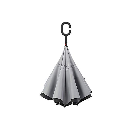 WOWGADGET Paraguas invertido con mango en C - Gris - Sombrilla de doble capa. A prueba de viento - Resistente al viento y a los rayos UV- Protege de la lluvia, la tormenta y el sol.