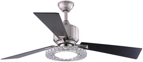 VAXCEL Clara 52 in. Brushed Nickel Indoor Rod Mount Glam Ceiling Fan with Black Blades, Dimmable Integrated LED Crystal Light Kit and Remote Control Included, 3 Speeds, Cream Acrylic Shade