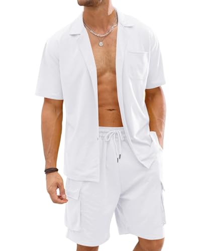 Fastkoala Hombre Chándales Conjuntos Trajes Set Algodón Botón Camisas y Pantalón Corto Ropa Activa 2 Piezas Blanco L