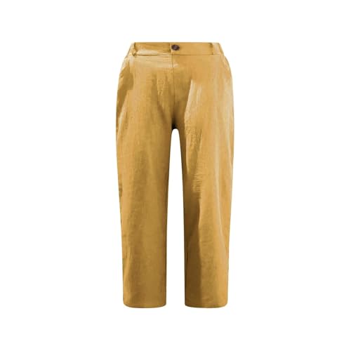 Pantalon d'été 3/4 en lin pour femme, coupe ajustée taille haute en coton léger et doux
