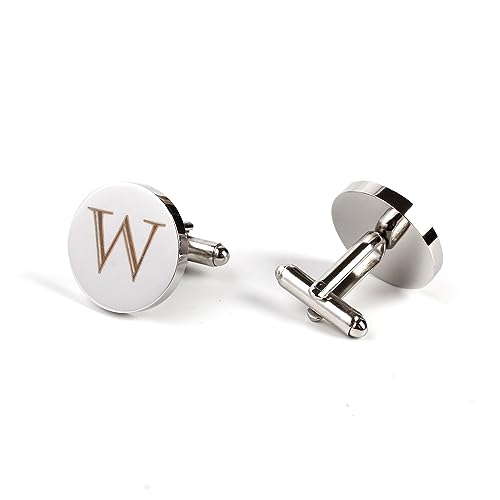 Image of Mens Initial Silver Cufflinks A-Z Alphabet Letter Steel Cuff Links with Engraved Walnut Wood Box Groom Groomsman Wedding Set