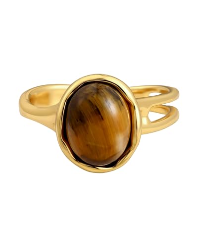 Zikichiky 14K Gold Plated Tiger Eye Open Ring Vintage Adjustable Rings for Women Brown Jewelry