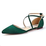 ELEGANTPARK FC2322 Dark Green Flats for Women Comfortable Pointed Toe Flats Wedding Flats for Bride Satin Strappy Evening Party Dress Flats Shoes for Women Dressy US 10