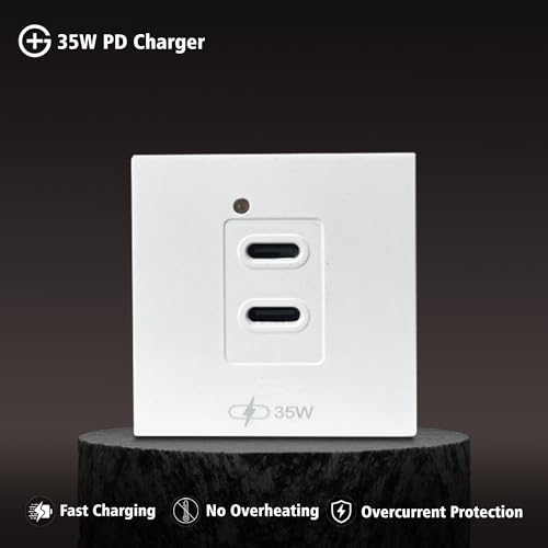 Image of MX 35W PD GaN USB Charger Dual USB-C Ports (C+C) | 2-Module 45x45mm Modular Socket Plate | Fast Charging Wall Adapter 90-270V AC Input | Smart Protection | White