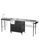 AECOJOY Outdoor Grill Cart Table with Sink, Portable Folding Kitchen Island with Storage Cabinet, Stainless Steel Prep Station for BBQ, Waterproof Cover Included