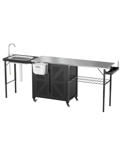 AECOJOY Outdoor Grill Cart Table with Sink, Portable Folding Kitchen Island with Storage Cabinet, Stainless Steel Prep Station for BBQ, Waterproof Cover Included