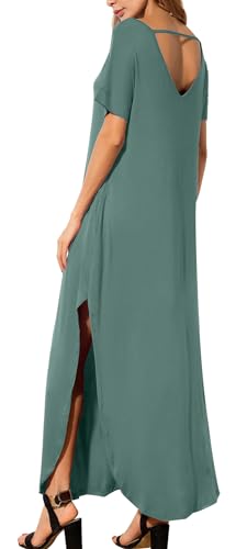 Image of GRECERELLE Women's Summer Maxi Dress Casual Loose V Neck Short Sleeve Side Split Long Dresses with Functional Pockets