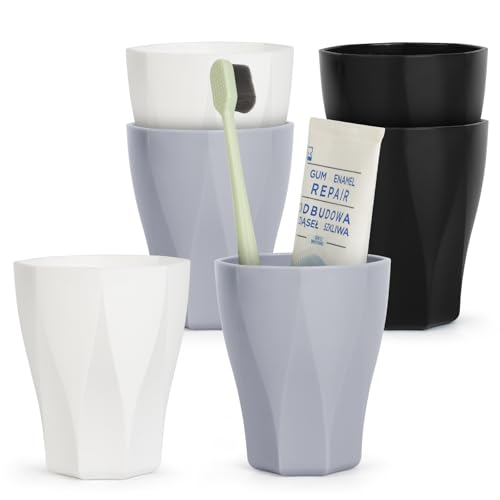 Topsky 6-Pieces Dishwasher Safe Plastic Tumblers Travel Mouthwash Cup Reusable Water Cup Travel Camping Portable Cups Coloured Plastic Cups 2Black+2White+2Light Grey 250ml