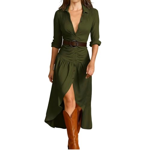 Womens Button Down Lapel Dress Western Cowboy Style High Low Hem Dress Fashion Long Shirts Army Green