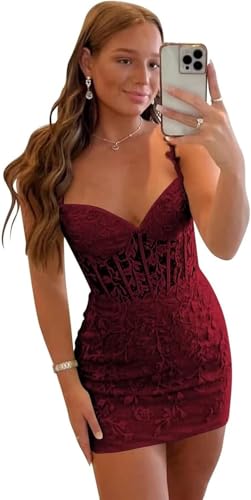 Short Lace Homecoming Dresses Tight Short Prom Dress for Teens Spaghetti Straps Mini Cocktail Gowns