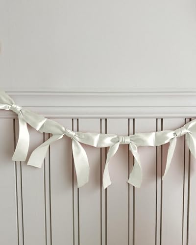 Image of Bow Knot Garland | 6ft Linking Satin Bow Banner with 3ft Extend Ribbon for Coquette Bachelorette Party, Baby Shower,Bridal Shower Wedding Baby Room Bed Decor (Ivory, 6ft)
