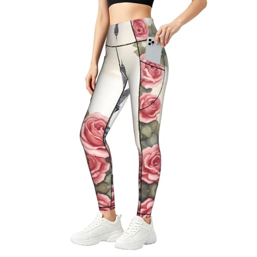 Conjunto de leggings con estampado de rosas para mujer y top de fitness con bolsillos