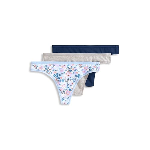 Jockey Tanga elástica con logotipo de algodón orgánico para mujer, paquete de 3, Gris jaspeado/tinta bien/azul floral, XL