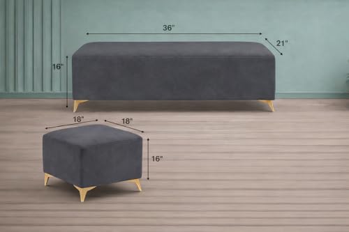 Image of Adorn India Premium Luster 8 Seater L Shape Sofa Set with 2 Puffy & 1 Center Table | Velvet Suede Fabric | 3-Year Warranty | RHS | Dark Grey with Golden Legs & Striped Pattern Cushion