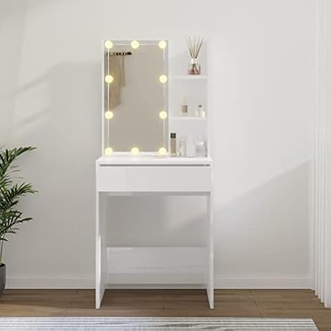 Susany Dressing Table Makeup Table Vanity Table with LED and Drawer, Shelves,Mirror, Makeup Cosmetics Dresser Furniture High Gloss White 60x40x140 cm Cover