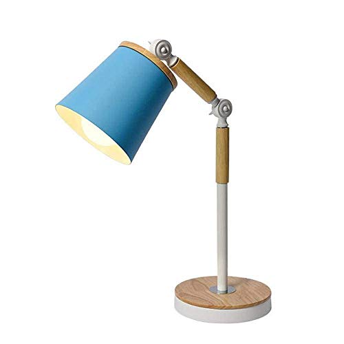 360 ° verstellbare schmiedeeiserne Tischlampe aus Holz, LED-Holz Blau/Grau/Grün/Rosa/Gelb Eisen Schlafzimmer Nachttischlampe Leselampe Arbeitszimmer Tischlampe (Color : Blue)