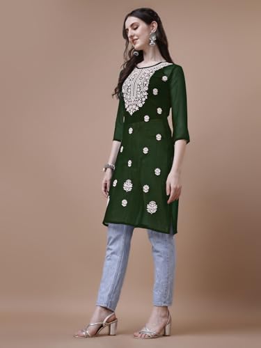 Image of EthnicJunction Women's Georgette Embroidered Straight Kurta | Summer Kurti | Short Kurti for Women | Top for Office |Women's Tunics Tops | Kurta Shirt Top | Regular Fit Top | Tops for Jeans for Women