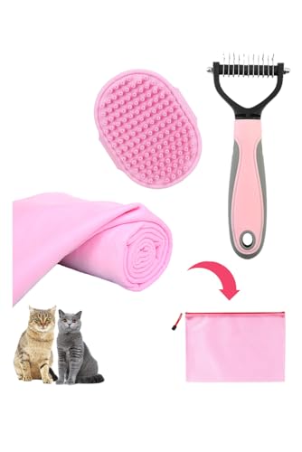 Image of Cat Brush Towel 3pcs Grooming Kit - Bath Brush for Long-Haired Cats, Cat Brush for Indoor Cats with Flea Comb, Pink