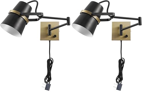 Image of GLOBE Electric 51345 1-Light Plug-in or Hardwire Swing Arm Wall Sconce, Matte Black, Brass Accents, 6ft Black Woven Fabric Cord, Flat Plug, Rotary On /Off Switch, Wall Lighting, Bulb Not Included