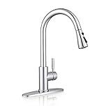 WEWE Single Handle Pull-Down Kitchen Faucet with Sprayer 3 Modes, 360° Swivel Modern Design in Polished Chrome Stainless Steel with Deck Plate, for Commercial & Home Use，1 or 3 Hole