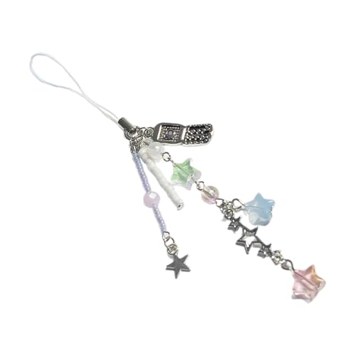 Buxuaaaa Llavero de estrella de moda con teléfono celular, elegante llavero con cuentas, colgante de bolsa de moda, joyería para mujer, correa para teléfono fácil de llevar