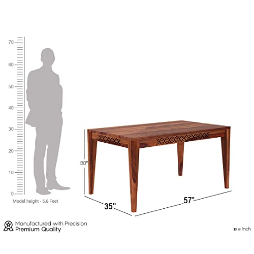 Image of Sheesham Wood 6 Seater Dining Table Set for Home Hall || Solid Wood CNC Dining Table with 4 Cushion Chairs and Bench for Hotels || Dining Room Sets - Honey Teak Finish