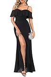 Pinup Fashion Women Formal Dresses Black Bridesmaid Off Shoulder Cold Chiffon Long Wedding Guest Ruffle Side Slit Smocked A-Line Dress