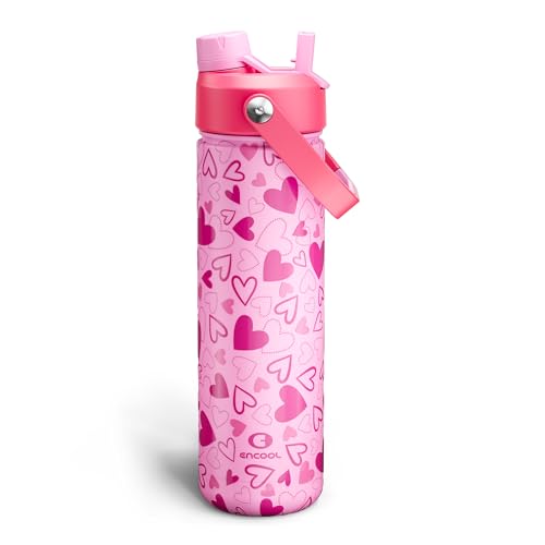 Image of ENCOOL Insulated Water Bottle with Straw Stainless Steel Water Bottle, Leak-Proof, BPA-Free, Keeps Cold for 24 Hours for Sports, Travel, School (26 oz, Sweet Hearts Pink x Pink)