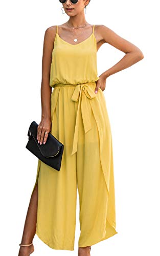 ECOWISH Womens Jumpsuit Spaghetti Strap Wide Leg Split Jumpsuits Long Overalls Summer Beach Loose Fit Rompers with Belt Yellow Small