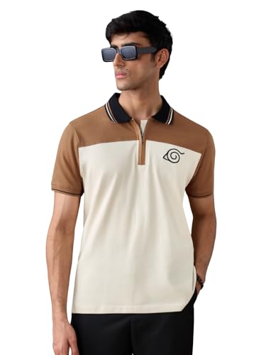 Image of The Souled Store Naruto Shippuden: Team Seven Men and Boys Short Sleeve Spread Collar Off White and Brown Embroidered Cotton Elastane Regular Fit Breathable Stretchable Polos