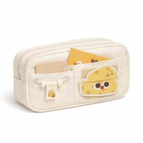 Image of Cute Aesthetic Pencil Case for Girls & Boys | 3 Layer 6 Compartment Large Capacity Pencil Pouch with Zipper | Cartoon Stationery Organizer Bag for Students & Kids (Beige)